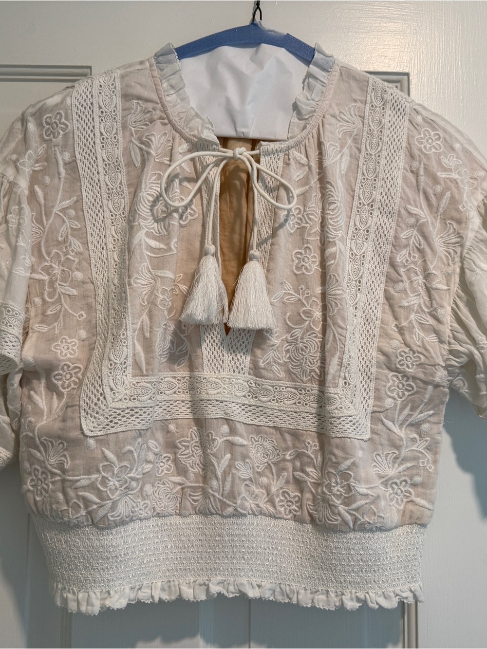 Alice + Olivia Ivory Embroidered Peasant Blouse with Tassel Tie